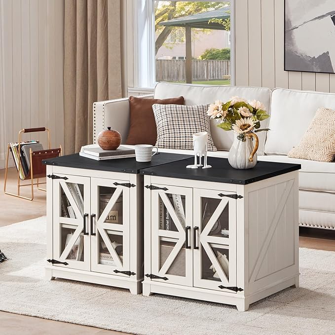 Joaxswe Farmhouse End Table with Charging Station, 24" Large Sofa Side Table with Glass Barn Door,White Nightstand with Adjustable Storage Shelf,Wood Square Bedside Table for Living Room,Bedroom