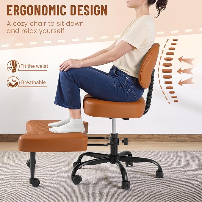 Homall Ergonomic Cross Legged Office Desk Chair with Wheels, 360° Swivel and Adjustable Height for Meditation and ADHD,Criss Cross Kneeling Chair with Lumbar Support (Leather, Brown)