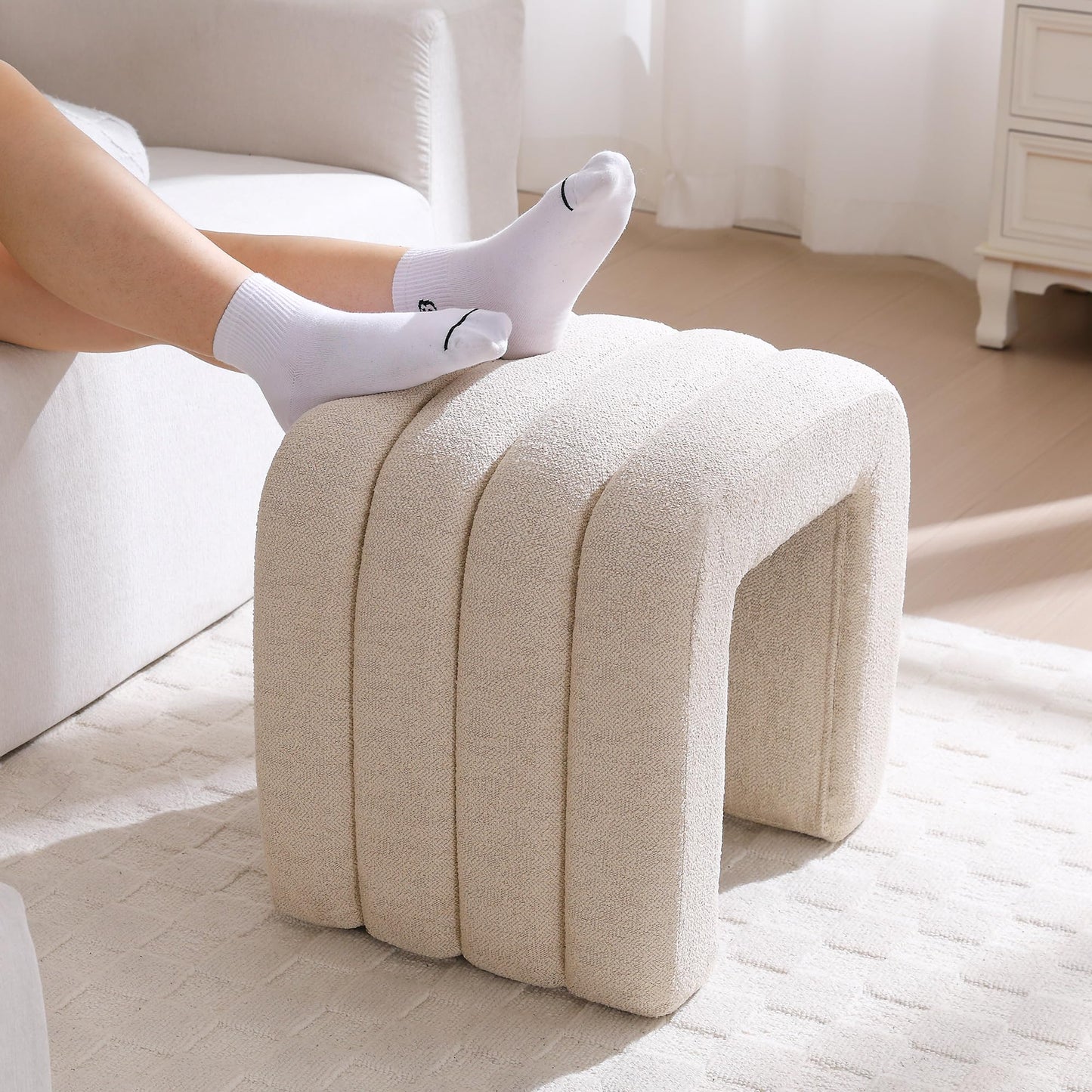 Scingu Multi-Functional Ottoman Stool, Footrest for Couch, Modern Vanity Stool for Make-up Room, Living Room and Entryway, Small Cute Footstool (Beige Linen)