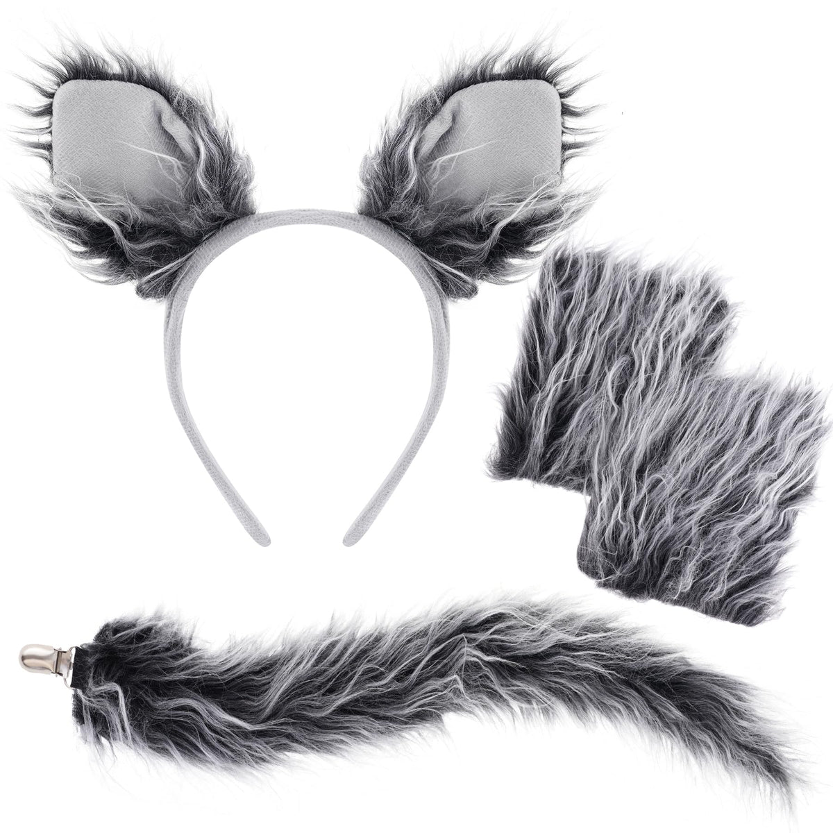 Dxhycc Wolf Costume Set Grey Wolf Ears Headband, Gloves and Tails for Halloween Dress-Up Accessory Kit