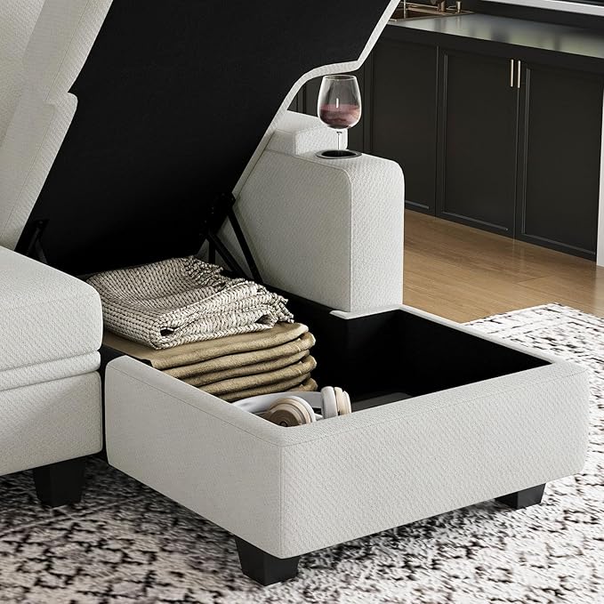 Belffin Oversized Sleeper Sofa U Shaped Modular Sectional Couch with Double Storage Chaise Convertible Sofa Bed. White Couch