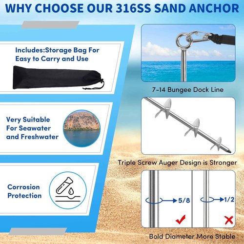 Sand Anchor for Boat 36", 316 Stainless Steel Beach Anchor Boat Sand Anchor with Bungee Dock Line to Hold Watercraft Secure, Jet Skis,Kayak,PWC ect.Apply to the Sandbar Anchor or Shallow Water Anchor
