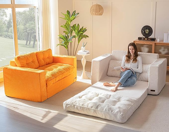 MAXYOYO Convertible Sofa Bed, Pull Out Loveseat Sleeper Sofa, 2 in 1 Folding Couch Bed, Fold Out Floor Couch with Pillows for Living Room Bedroom Lounge, Orange