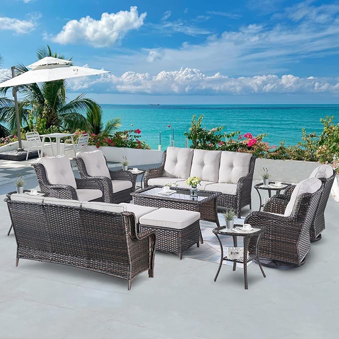 Belord Wicker Patio Furniture Sets - 13 Piece Outdoor Rattan Furniture Conversation Sets with 4 Swivel Rocker Chairs, 2 Rattan Sofas, Wicker Ottomans and Coffee Table, Brown/Beige