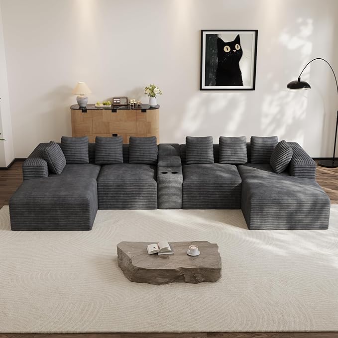 Modular Sectional Sofa with USB Cup Holders Storage, 143" U Shaped Cloud Couch Plush Corduroy Deep Seat Boneless Sofas with Double Chaise Lounge Memory Foam Couches for Living Room - Dark Grey