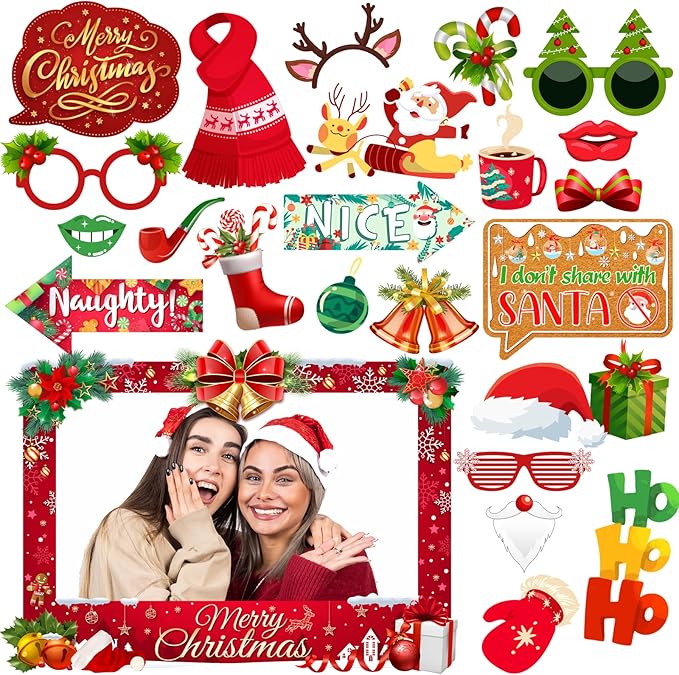 Christmas Photo Booth Props Kit, 24Pcs Fun Photo Props & Selfie Frame for Christmas Photos Decoration, Funny Santa & Ginge...
