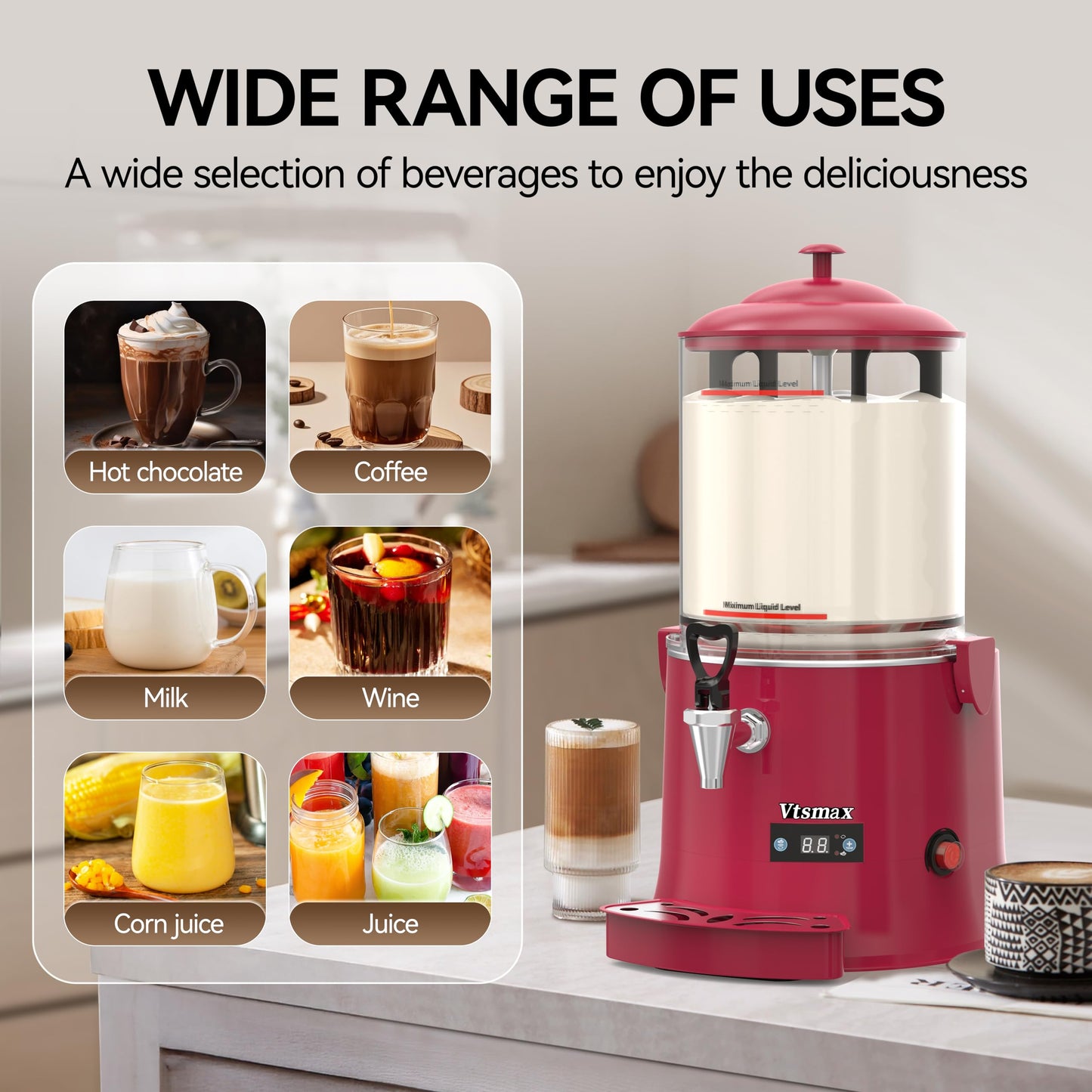Vtsmax 10L/2.6Gal Commercial Hot Chocolate Machine Hot Drink Dispenser, 86-194°F Intelligent Temperature Control Hot Beverage Maker for Chocolate, Cocoa, Milk, Coffee, Juice, Red