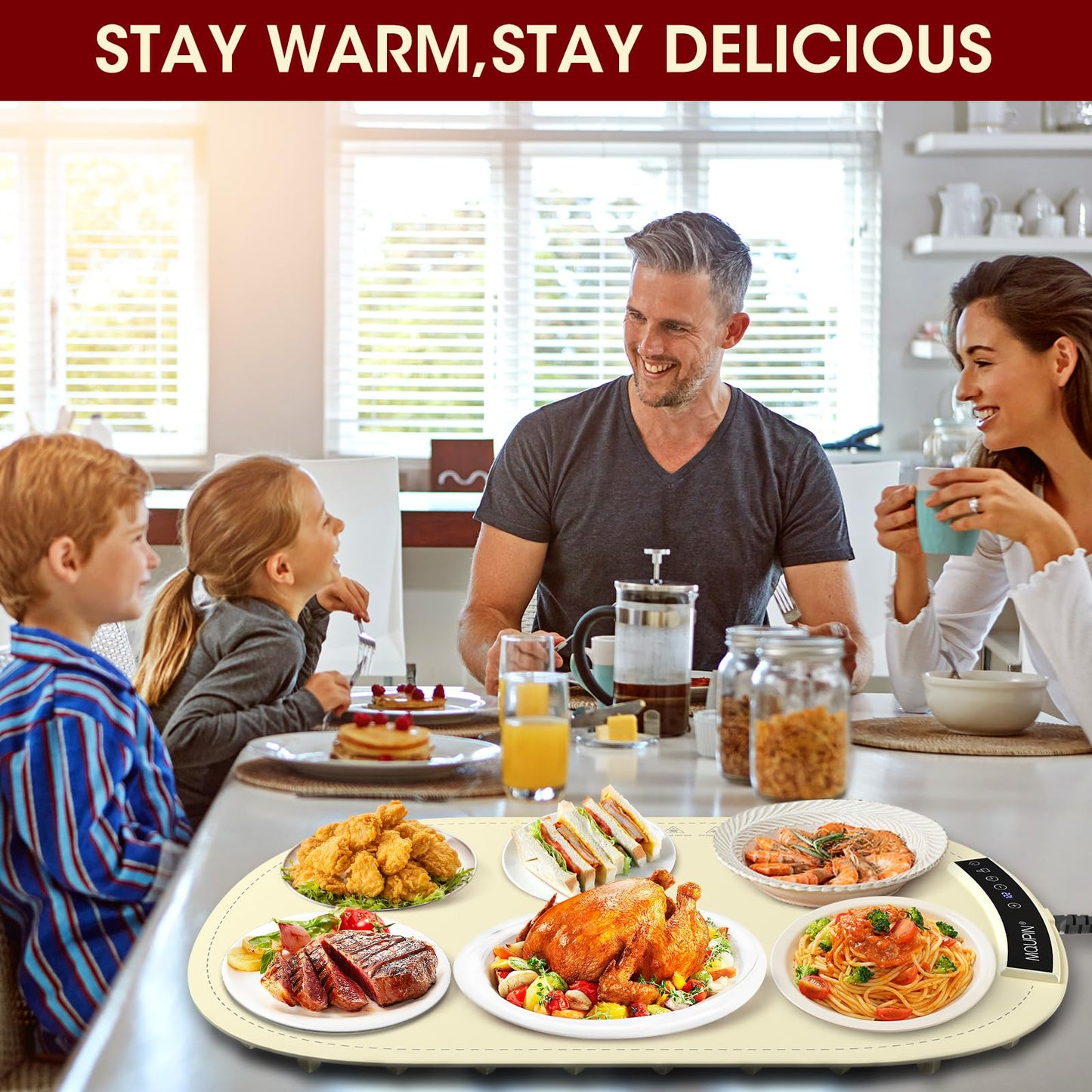 Warming Mat for Food, MQUPIN Food Warming Mat with 7 Temp Settings 1-4 H Timer and Child Safety Lock, Full Surface Heating Roll Up Electric Warming Tray for Gatherings,Parties,Buffet,Daily Use（Beige）