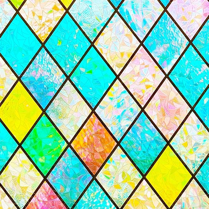 Colorful Stained Glass Window Film 3D Prism Sliding Door Privacy Covering Static Cling Church Tint Decorative Suncatcher Cover Decal No Glue Heat Cotrol Anti Glare Removable Home Office,23.6x78.7in.