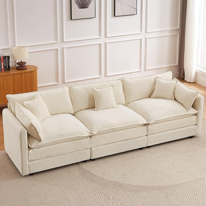 saows Modular Sectional Sofa, 112.2 Inch Rectangle Shaped Couch Set with Armrests, 3-Seater Comfy Cloud Couches for Living Room Apartment, Beige