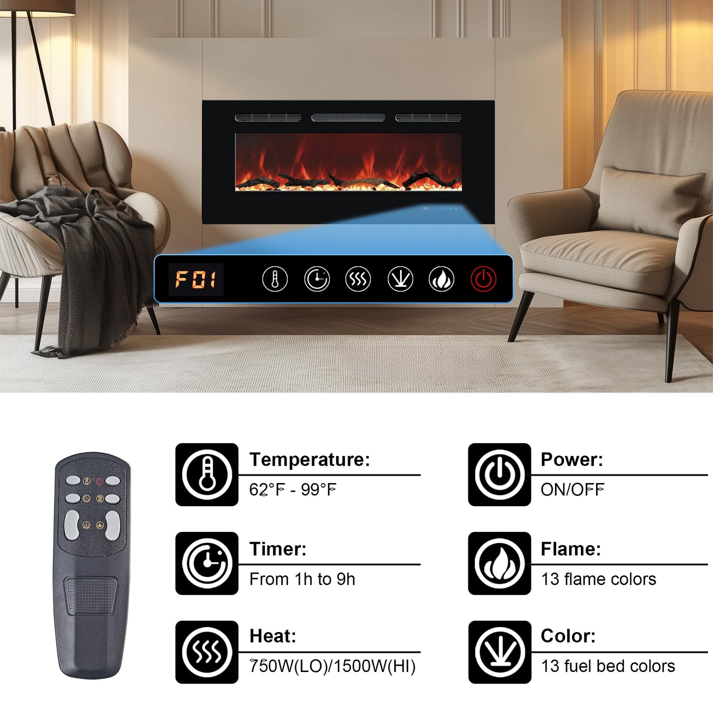 Carsynflame Electric Fireplace 72 In, Wall Mounted & Recessed Electric Fireplace Inserts, Remote & Touch Screen Control, 169 Flame Color Combinations, Timer & Thermostat Fireplace Heater, 1500W, Black