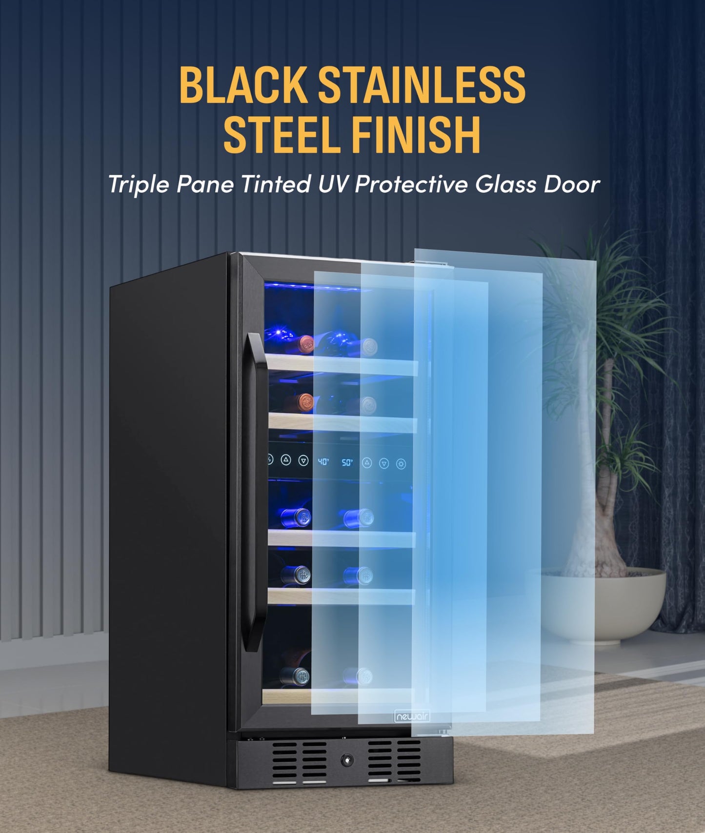 NewAir 15" Dual Zone Wine Fridge for 29 Bottles | Built-In or Freestanding Wine Cooler Refrigerator with Glass Door | Precision Cooling & Wood Shelves for Red and White Wines | Black Stainless Steel