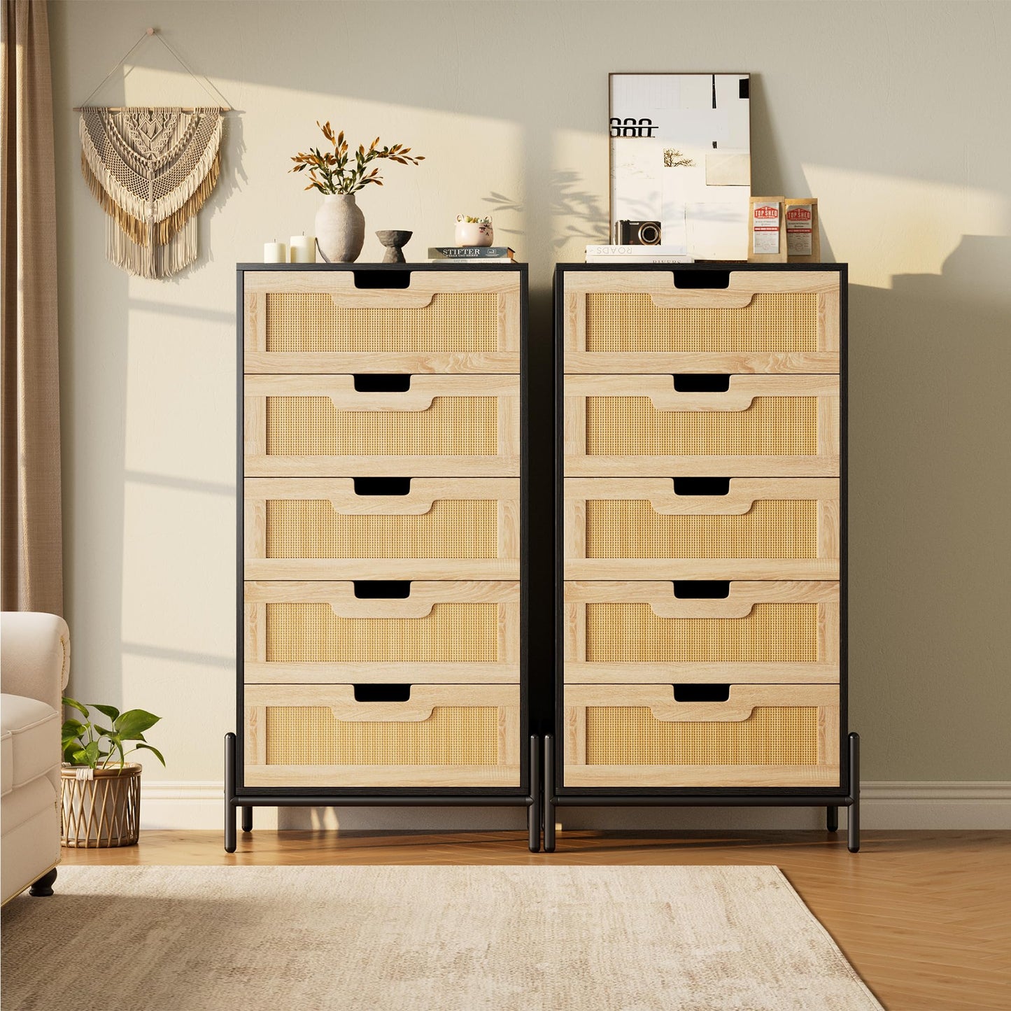 GarveeHome Natural Rattan 5 Drawer Dresser, Wooden Chest of Drawer, Farmhouse Storage Cabinet with Solid Metal Legs, Modern Storage Unit for Bedroom, Living Room, Entryway, Black