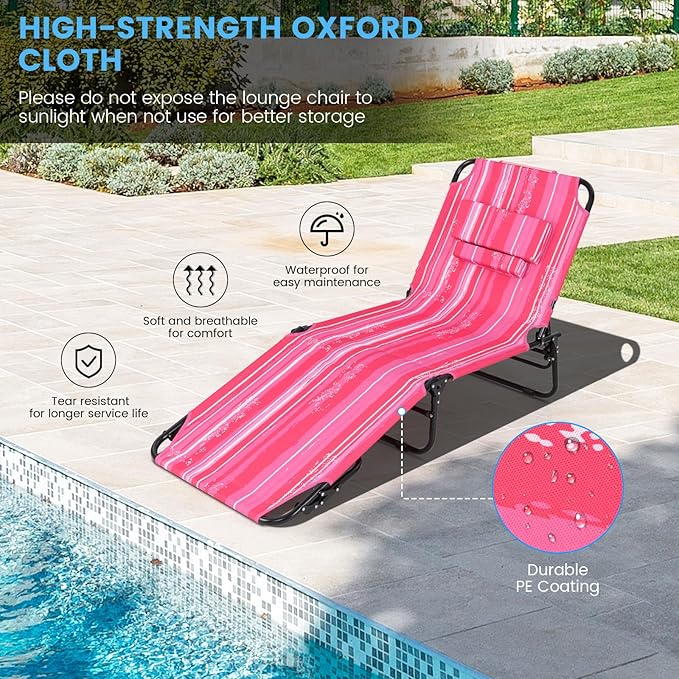 GYMAX Tanning Chair, 350lbs Beach Lounge Chair with Face Hole, Washable Pillow & Carry Strap, Adjustable Folding Chaise Lounge, Layout Lounger for Outside, Patio, Poolside, Lawn (2, Pink Stripe)