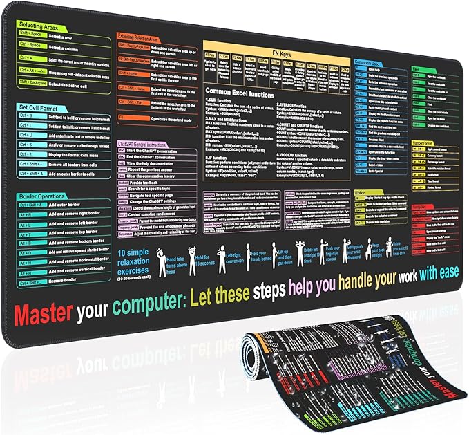 Excel Cheat Sheet Desk pad—Contains 9 Major Excel Function modules|Large XL Size（31.5 * 11.8 inch）|Desk mat for Keyboard and Mouse|Work、Study、Gaming Mouse pad|Waterproof、Anti-Slip Large Mouse pad