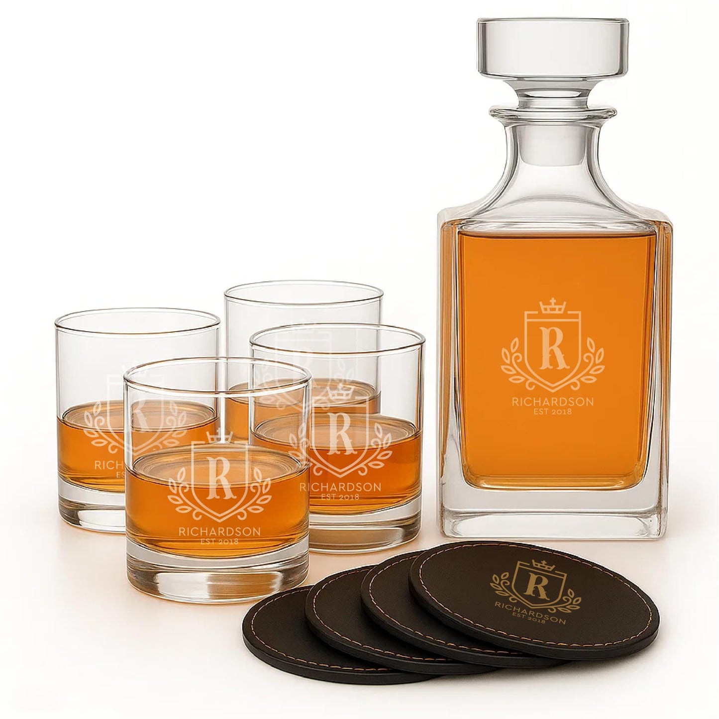 Personalized Whiskey Decanter & Glassware Gift Set – Custom Monogram Decanter with Rocks Glasses & Coasters – Premium Lead-Free Glass – Gift for Men, Groomsmen, Father’s Day, Retirement