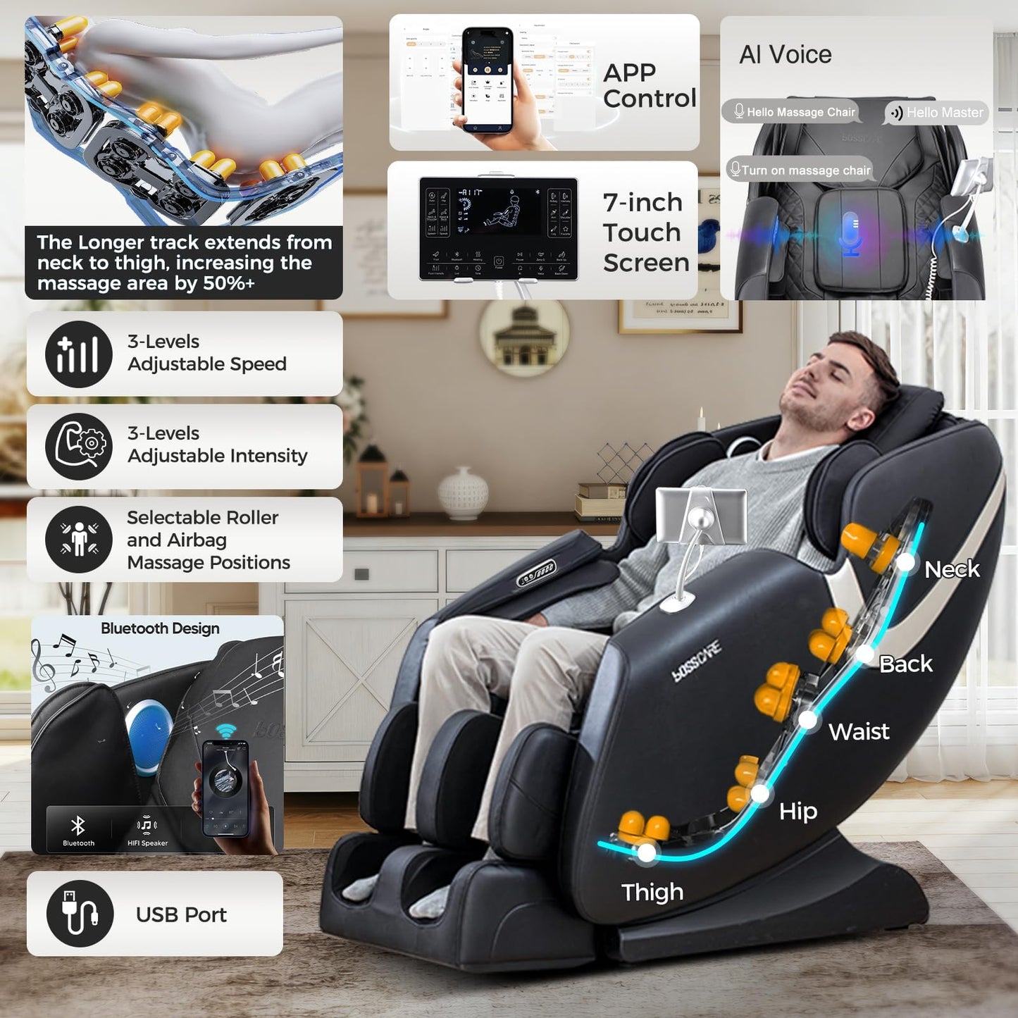 BOSSCARE 2026 Massage Chair Full Body, AI APP Control Shiatsu Zero Gravity Massage Chair with Foot Roller, Back Calf Heated, Bluetooth Speaker, Relaxing Massaging Recliner for Friend Family