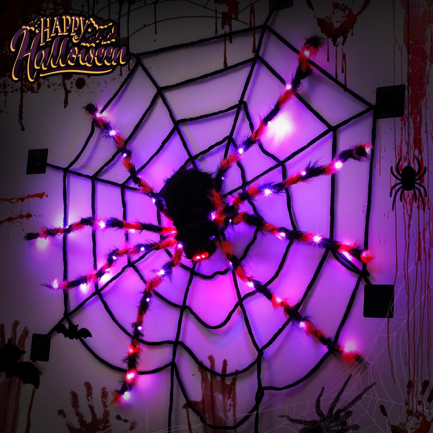 Halloween Decorations,4.5 ft Halloween Spider,Giant Spider,Haunted House Decorations,5.7ft Spider Web,58 LED Lights,8 Lighting Modes,8 Wall Mounted Traceless Adhesives,Battery Operated
