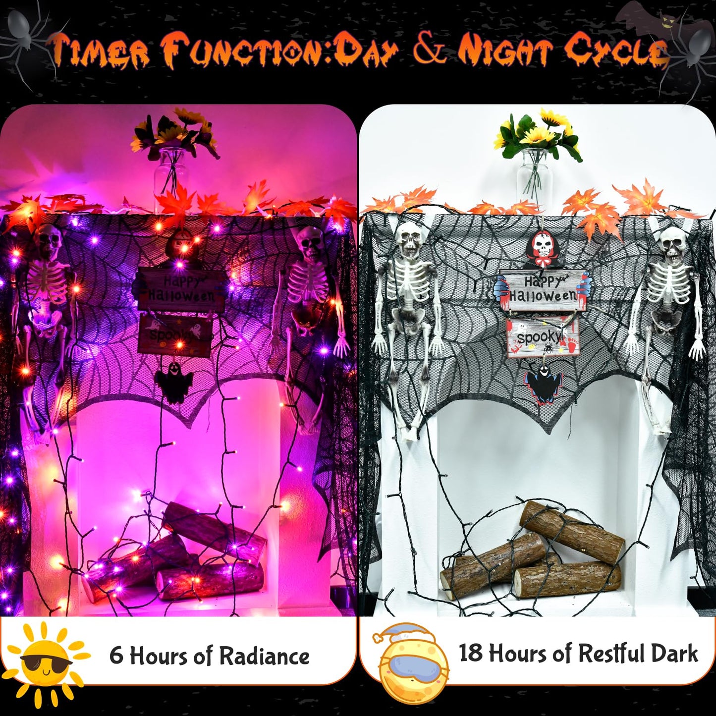 cshare Orange and Purple String Lights Battry Operated with Timer Waterproof, Halloween String Lights for Outside 16.4ft 50LED Indoor Outdoor Halloween Decorations Garland Party Patio Garden Yard