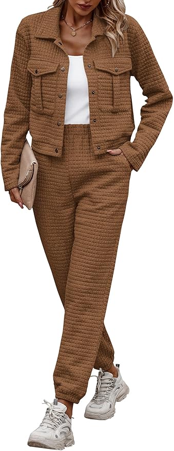 PRETTYGARDEN Womens Two Piece Sets Fall 2026 Long Sleeve Button Down Shacket Jacket Long Sweatpants Tracksuit Winter Clothes