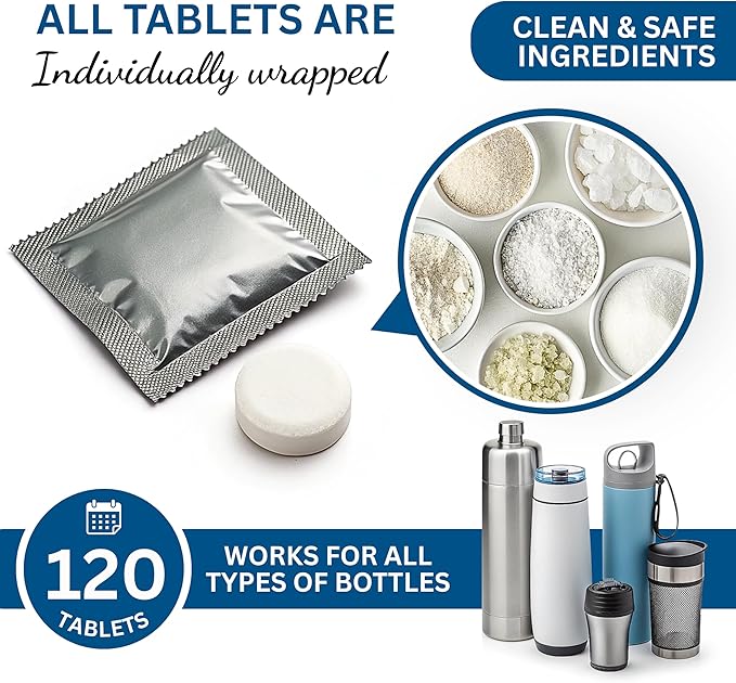 120 Count, Odor & Stain Remover for Stainless Steel, Tumblers, Thermos & Glass Bottles – Effervescent Deep Cleaning Tabs, No Scrub Needed, Water Bottle Cleaner Tablets, Chlorine-Free