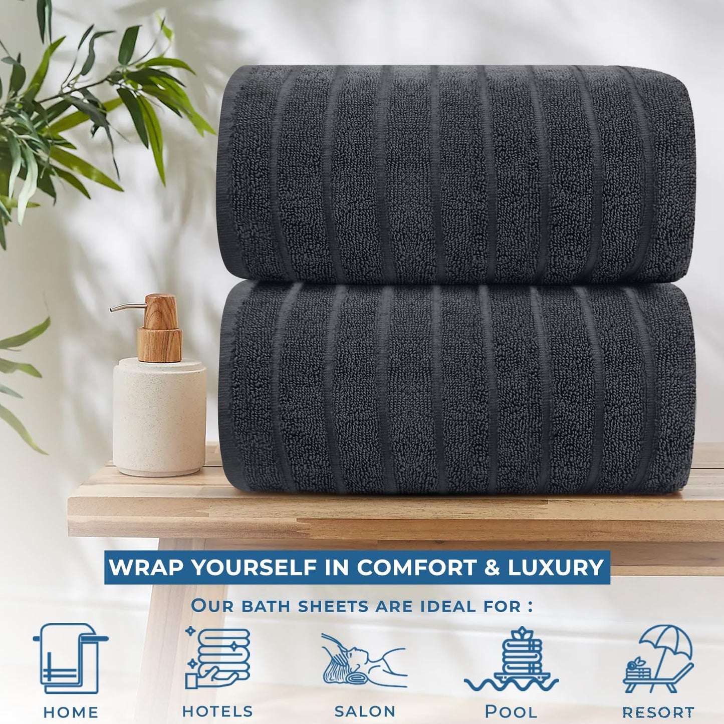 DAN RIVER Pack of 2 Bath Sheet 35x70 Inches, Extra Large Ribbed Bath Towels Oversized, Absorbent Cotton Towels for Bathroom - Dark Gray