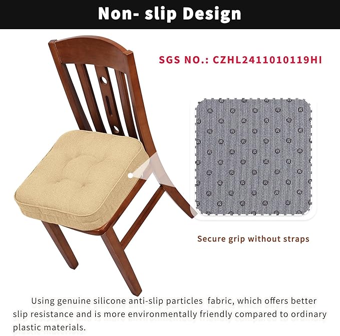 GOFORIT Memory Foam Cushion，Square Seat Cushions for Dining Chairs,Non-Slip Chair Pads with Removable Cover, 16'' x 16'', 2 Pack,Khaki