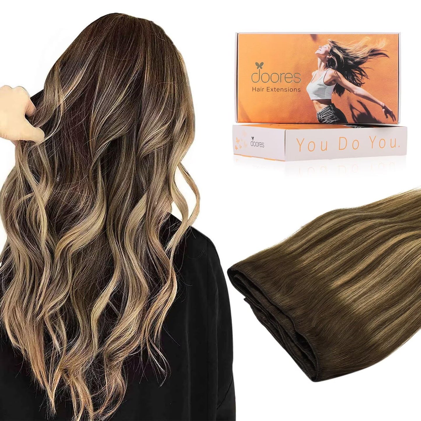 DOORES Sew in Hair Extensions Real Human Hair, Balayage Chocolate Brown to Caramel Blonde 18 Inch 100g, Weft Extensions Natural