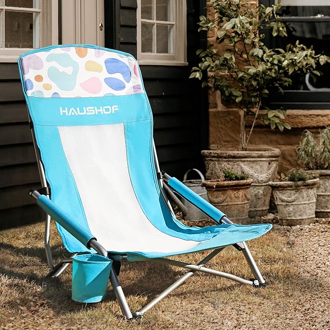 HAUSHOF 2-Pack Blue High Back Beach Chairs with Colored Dots, Durable 600D Oxford Fabric, Industrial Grade Iron, Maximum Seated Weight Capacity: 265 lbs, Ergonomic Design