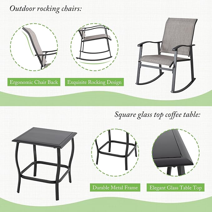 Shintenchi 3 Piece Rocking Bistro Set, Outdoor Furniture with Rocker Chairs and Glass Coffee Table Balcony, Porch Furniture for Small Space, Gray