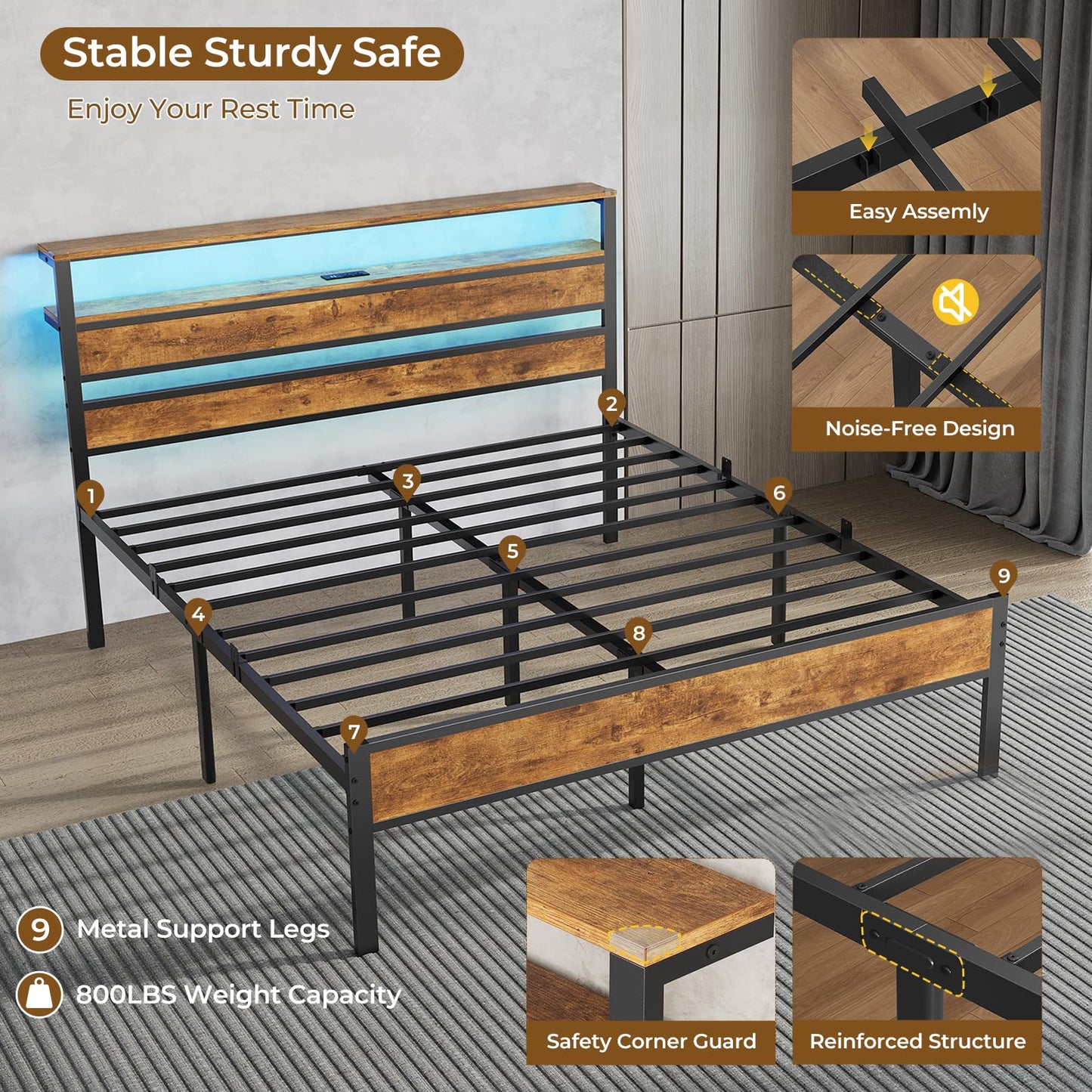 Hasuit Full Bed Frame with Headboard, LED Lights and Charging Station, Metal Platform Bed Full Size with Heavy Duty Slats, Under Bed Storage, Fast Assembly, No Box Spring Needed, Noise Free