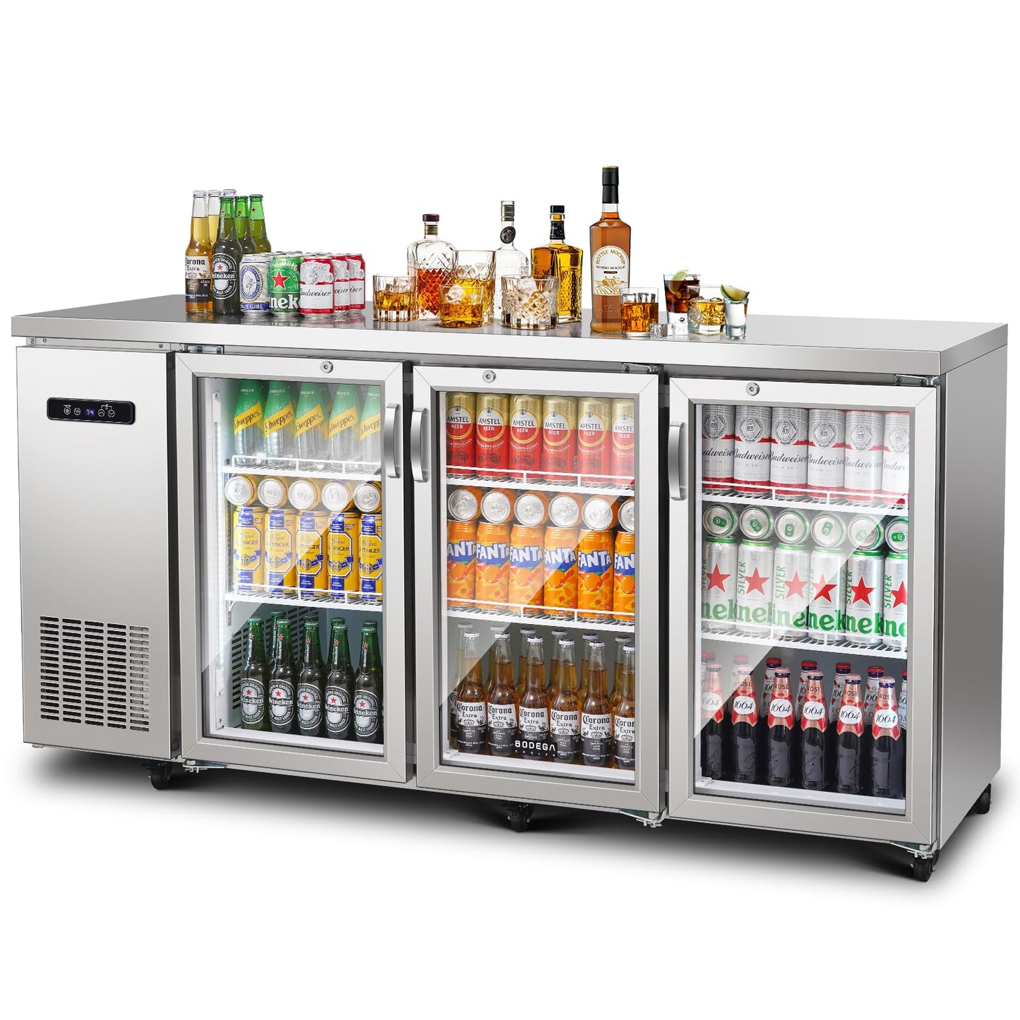 BODEGACOOLER 20.5 Cu.Ft Commercial Back Bar Refrigerator - 3 Glass Door Beverage Cooler for Beer, Soda, Wine with LED Display & SUS304 Stainless Steel Exterior