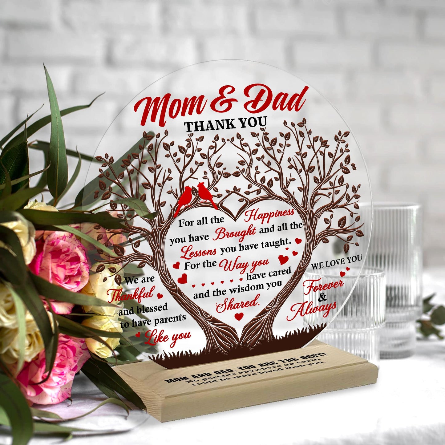 CEZII Mom & Dad Gift from Daughter Son, To My Parents Round Acrylic Plaque w Stand, Thank You Mom Dad Keepsake, Grateful Gift for Parents Mother-in-law, Bonus Mom Stepdad Present, Gift for Anniversary