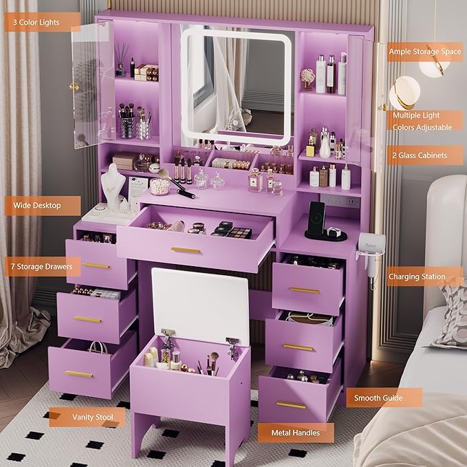 Makeup Vanity with LED Light Strip Mirror and Chair, 7 Drawers & 2 RGB Cabinets Black Vanity Makeup Desk with Power Strip, Adjustable LED Lighting, and Cushioned Stool for Women, Girls, Teens