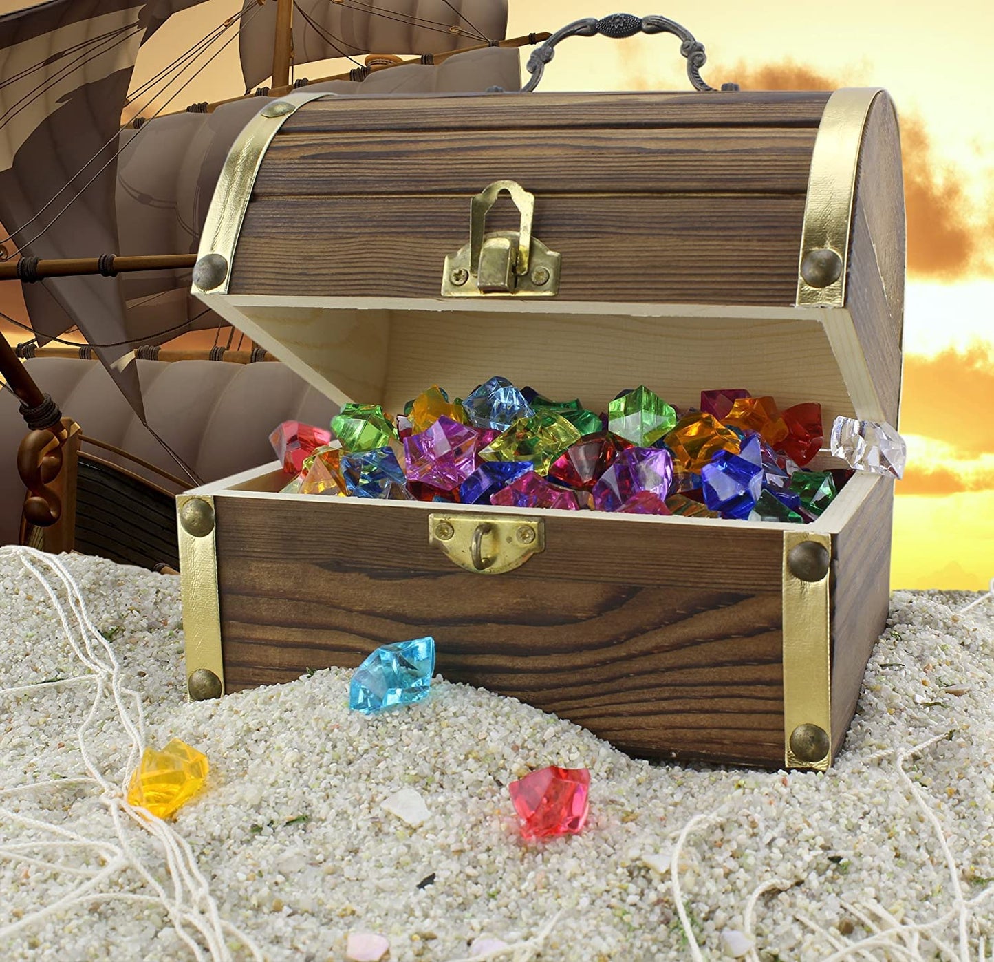 Attatoy Wooden Pirate Treasure Chest with 240 Colored Jewels (Plastic Gems); 6 x 4.5 x 5 Antique Style Wood Box; 1 Lb. Acrylic G