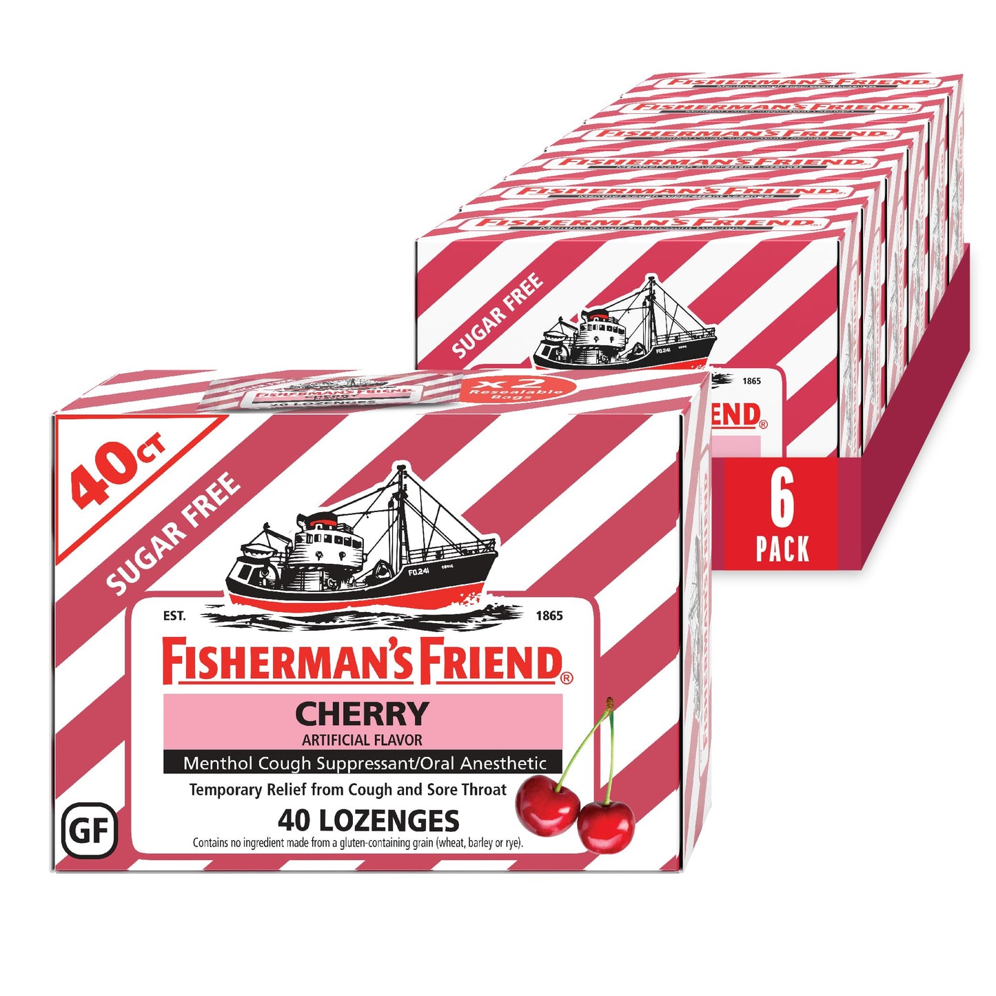 Fisherman's Friend Cough Drops, Cough Suppressant and Sore Throat Lozenges, Sugar Free Cherry, 6.9mg Menthol, 240 Drops (6 Packs of 40)