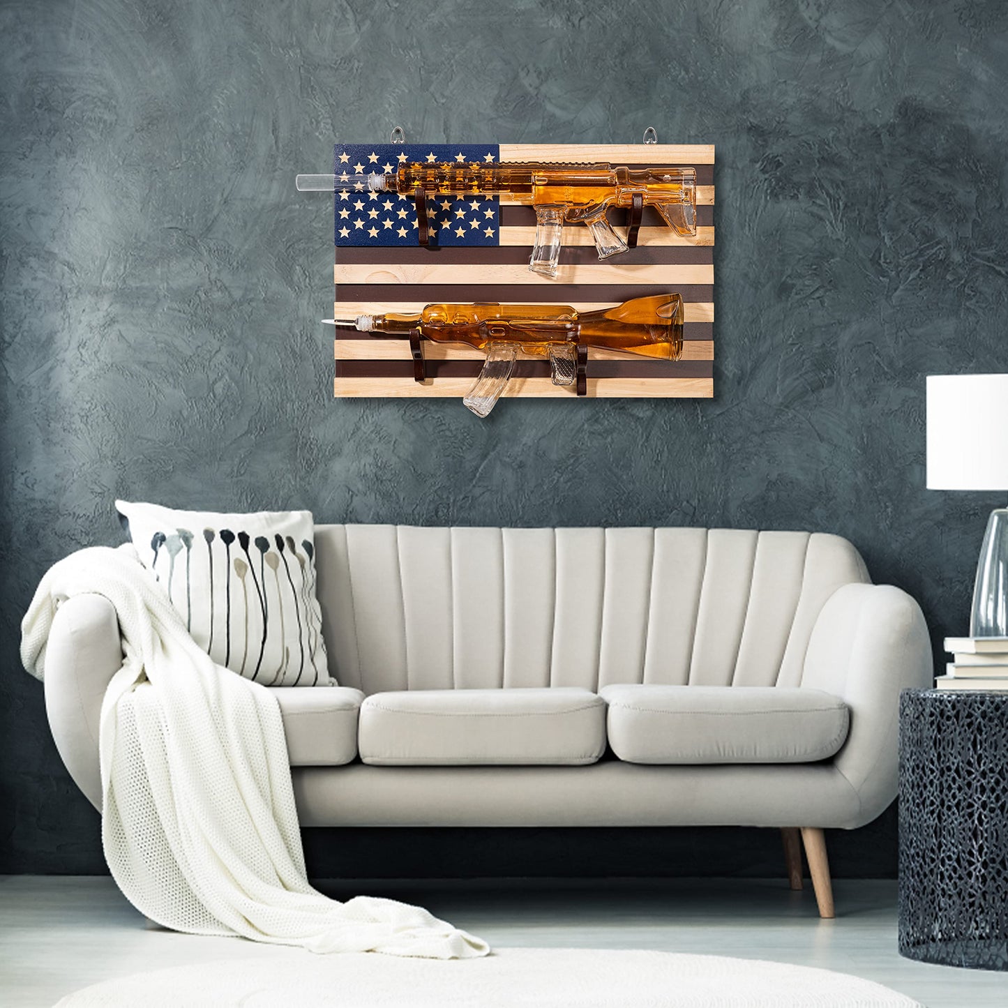 Gifts for Men Dad, Whiskey Decanter Set, 2 Gun Whiskey Decanters Set AR15 and AK47 Gun Decanter 1000ml American Flag Wall Rack - Veteran Gifts, Gun Lover Gifts, Tik Tok Gun Decanter, Military Gifts