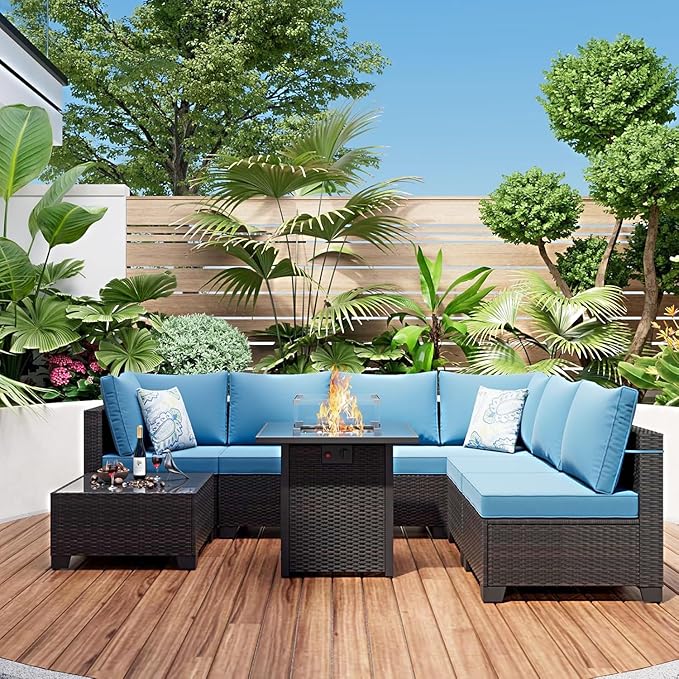 Ophelian 8 Piece Patio Furniture Set with Fire Pit Table, Wicker Outdoor Sectional Sofa Set with Thick Anti-Slip Chusions, Patio Conversation Sets for Backyard, Garden, Deck (Brown/Peacock Blue)