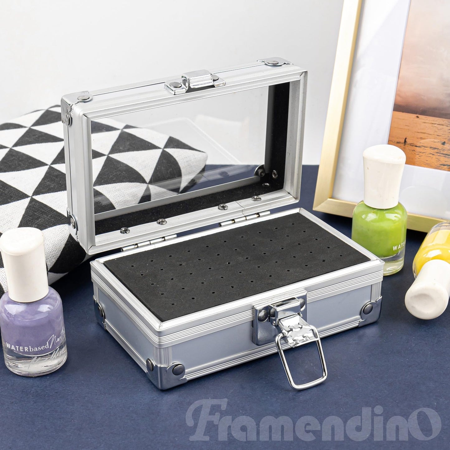 Framendino, 50 Holes Nail Drill Bit Holder Case Polishing Heads Organizer for Salon Grinding Head Silver