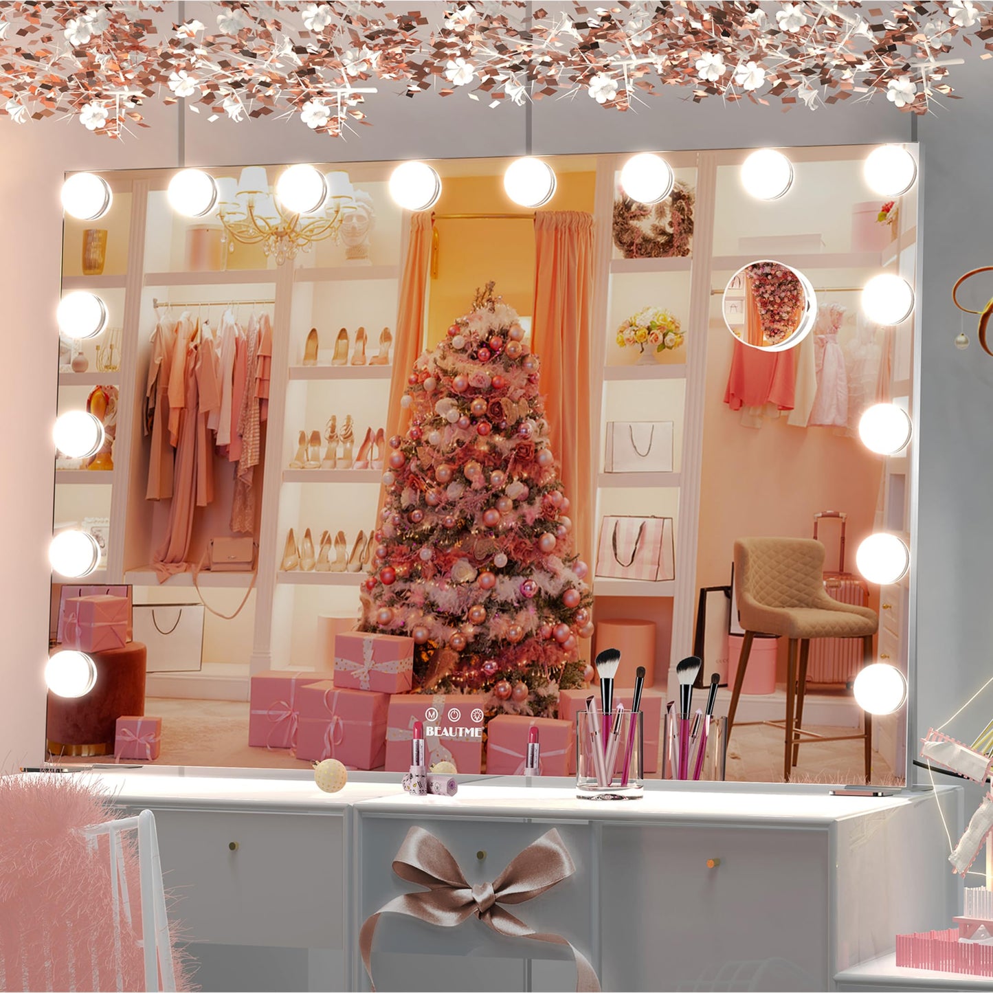 BEAUTME Hollywood Makeup Mirror,Vanity Mirror with Lights, LED Mirrors, Tabletop or Wall-Mounted Mirror with 16 Dimming LED Bulbs, Silver(911×180×616mm)