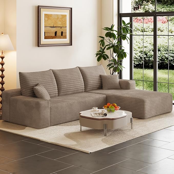 95" Cloud Sectional Couch with L-Shape Chaise, Modern Corduroy Boneless Couch for Living Room,Memory Foam Sofa with Deep Seat,No Assembly Required (Dark Camel,Right-Facing Chaise)
