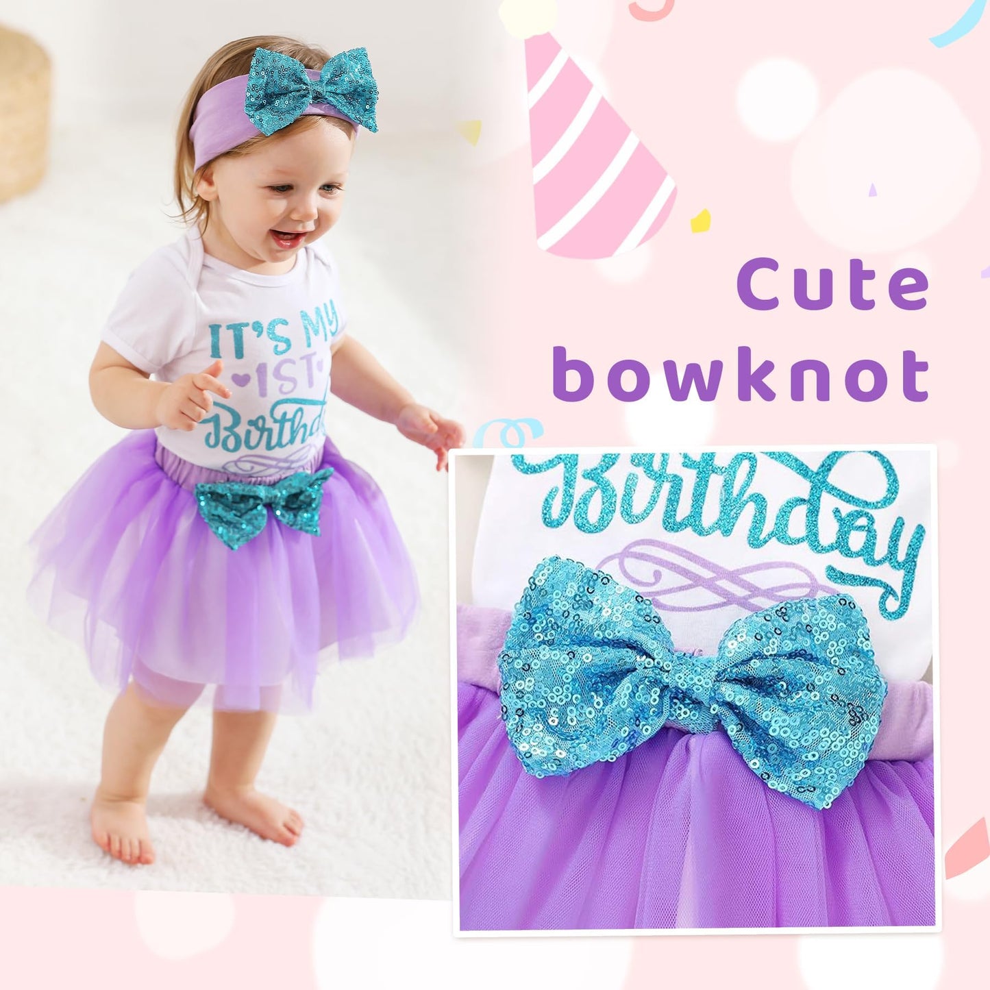 YOUNGER TREE Newborn Baby Girls My 1st Birthday Dress Infant Shiny Printed Sequin Bowknot Tutu Princess Dress (White, 12-18 Months)