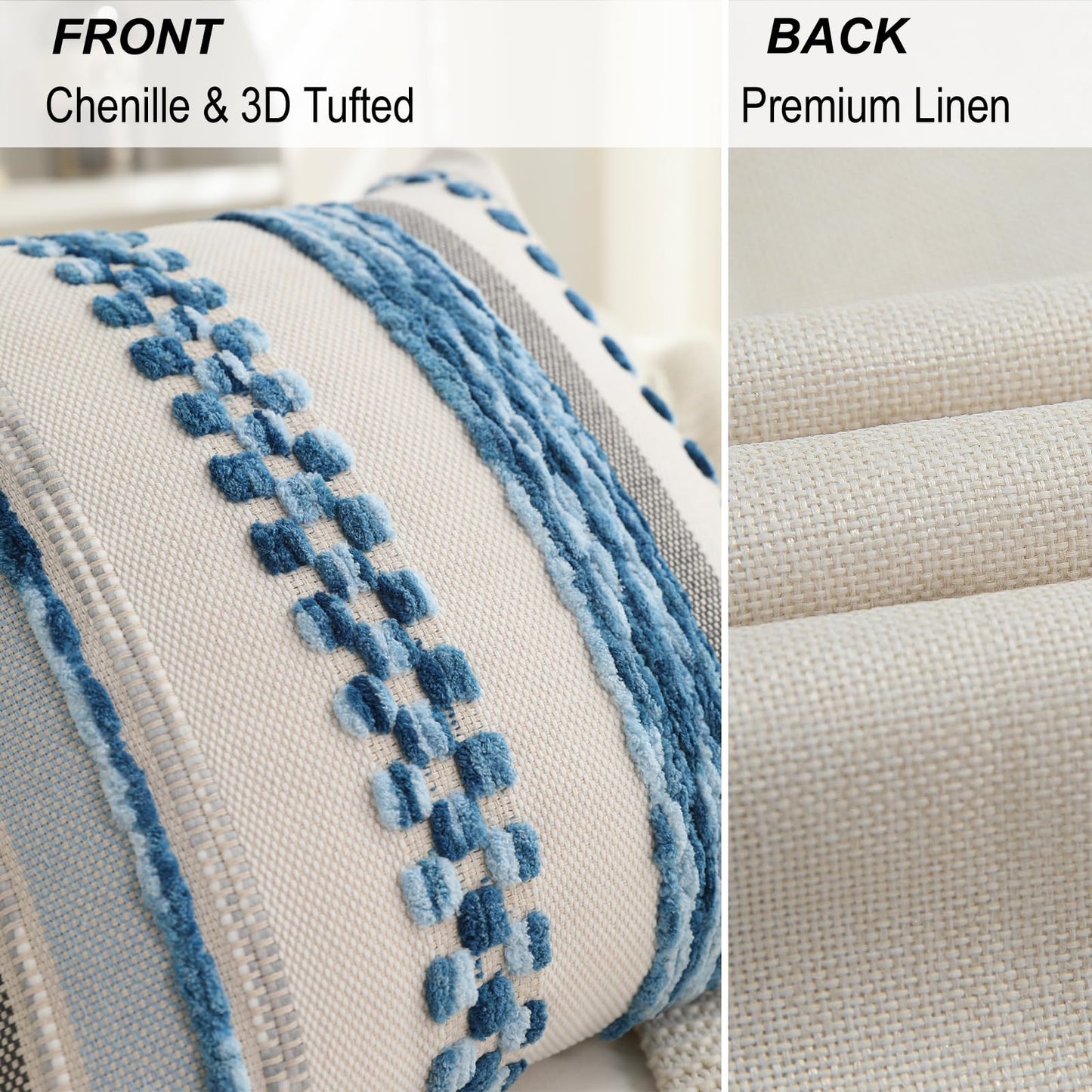 Boho Pillow Covers 18x18 Set of 2 for Couch-Modern Farmhouse Sofa Decorative Blue Throw Pillow Covers Textured Chenille Cushion Covers Outdoor Netural Bohemian Pillow Cases Square