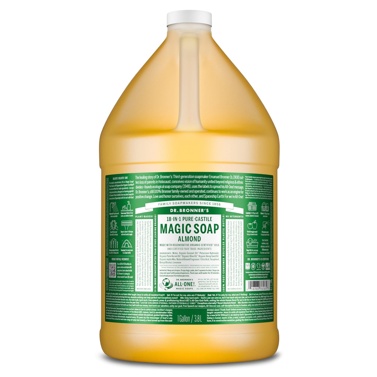 Dr. Bronner's Pure-Castile Magic Soap Liquid (Almond, 1 Gallon) - Made with Regenerative Organic Certified Oils, 18-in-1 Uses: F