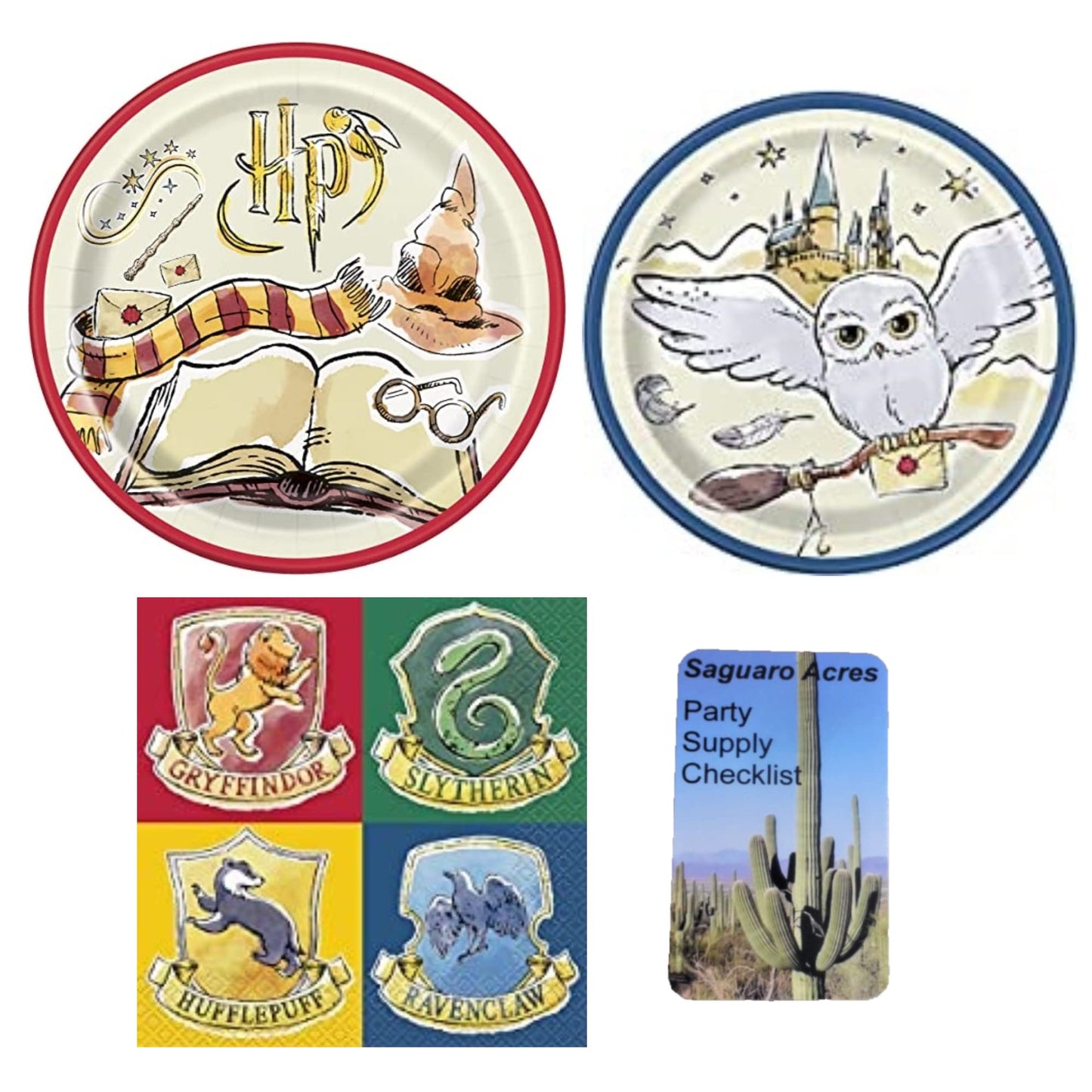 Harry Birthday Party Bundle 8 Dinner & 8 Dessert Plates, 16 Luncheon Napkins, For 8 People and 1 Saguaro Acres Party Supply Checklist