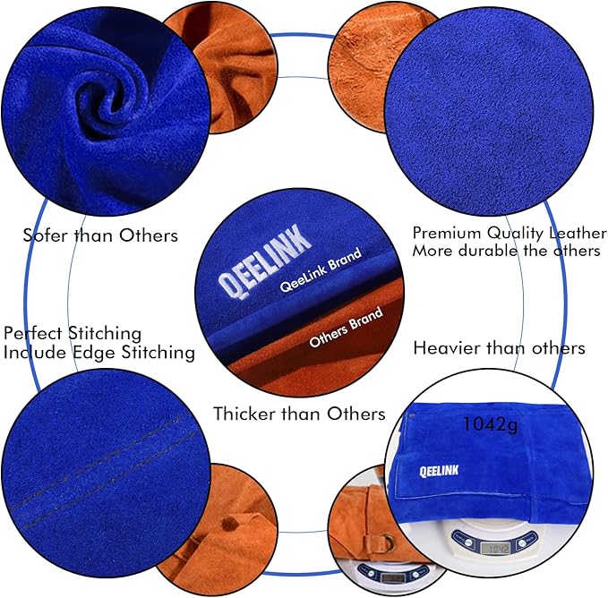 QeeLink Leather Welding Apron with 6 Pockets - Heat & Flame-Resistant Apron, 24'' X 42'', Adjustable M to XXXL (Blue)
