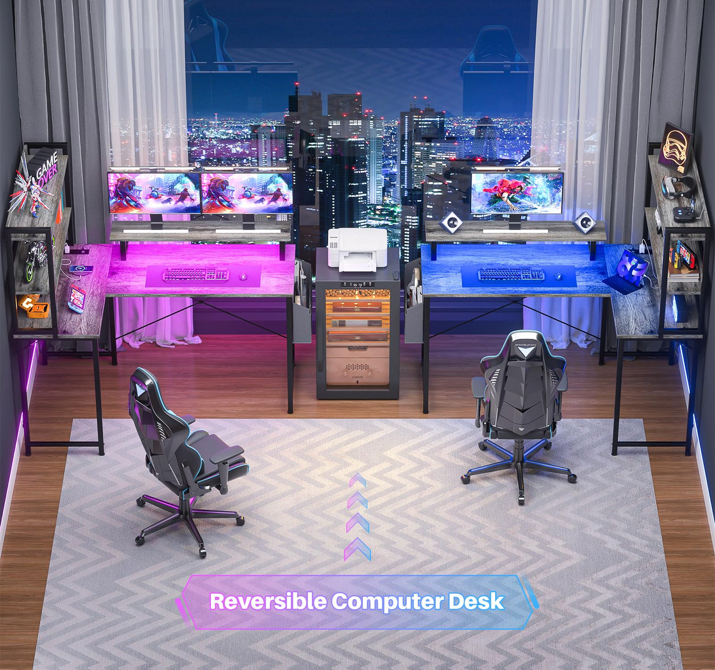 Homieasy L Shaped Computer Desk with Bookshelf, 47 Inch Reversible Corner Gaming Desk with Charging Station & Led Light, Home Office Desk with Hutch Monitor Stand Storage Shelves Bag, Black Oak