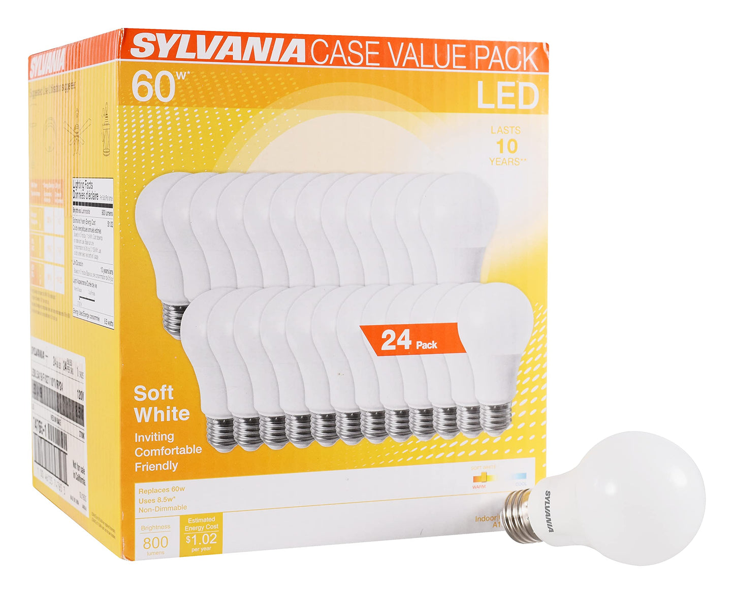 LEDVANCE Sylvania LED A19 Light Bulb, 60W Equivalent, Efficient 8.5W, 10 Year, 2700K, 800 Lumens, Frosted, Soft White (74765), Packaging May Vary (Pack of 1, 24 Count Total)