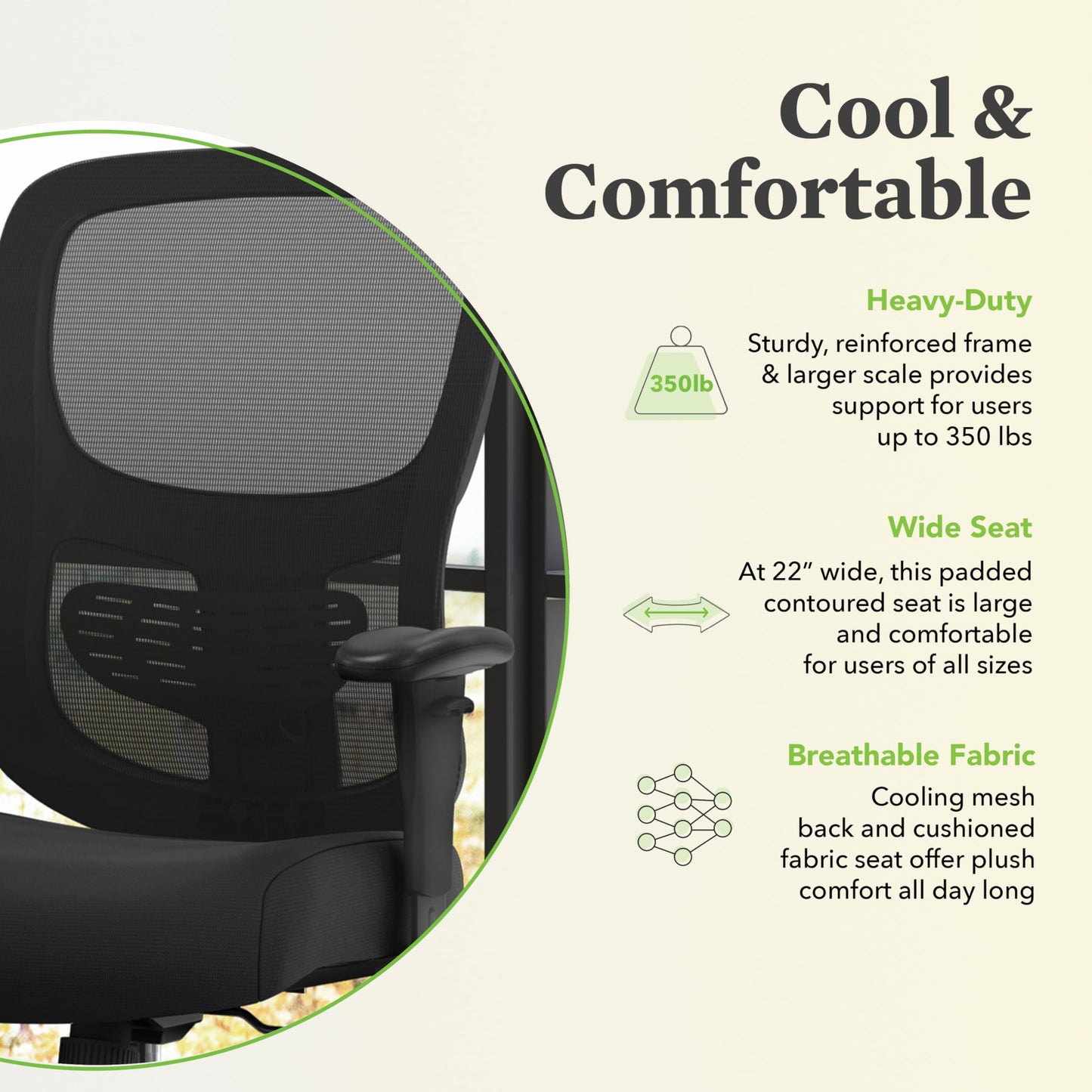 HON Sadie Big and Tall Office Chair, Ergonomic Desk Chair with Mesh Back, Lumbar Support, 350 lb Max, Black