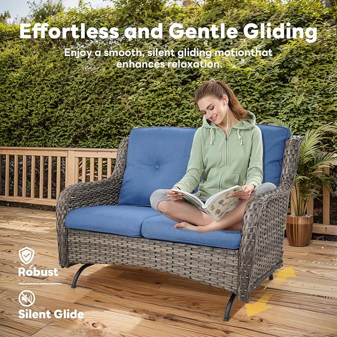 Belord 5 Piece Outdoor Patio Furniture Set - Outdoor Conversation Couch and Loveseat Glider Chair Furniture Set with Rattan Coffee Table for Deck Balcony Poolside Gray Wicker/Blue Cushions